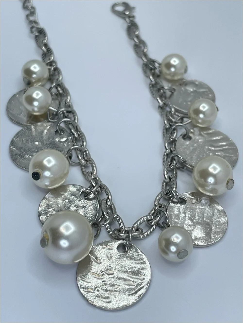 Silver Tone Faux Pearl Charm Bracelet Disc Dangle Boho